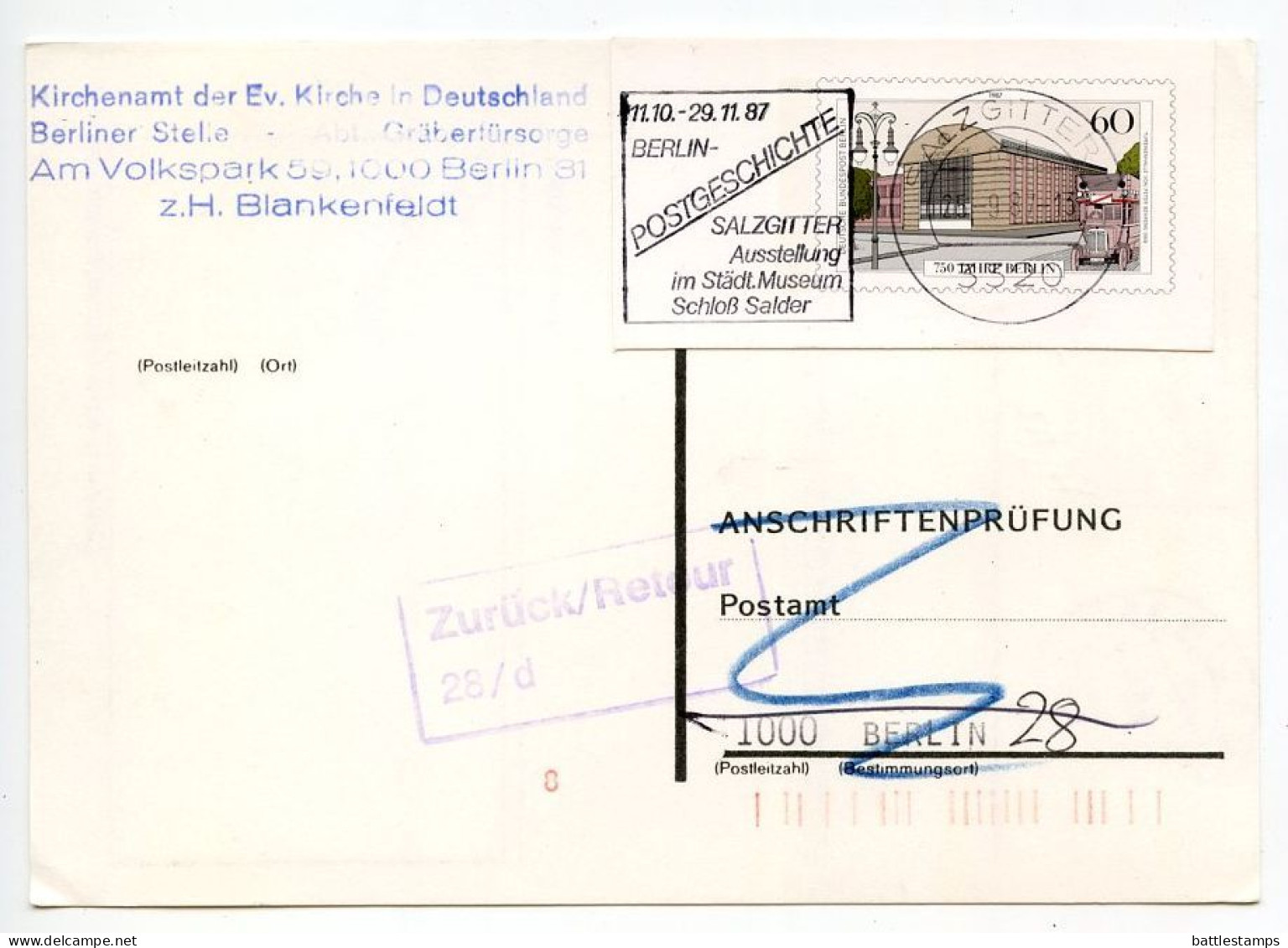 Germany, Berlin 1987 60pf. Berlin 750th Anniversary Postal Card Cut Square On Postcard; Return To Sender - Postcards - Used