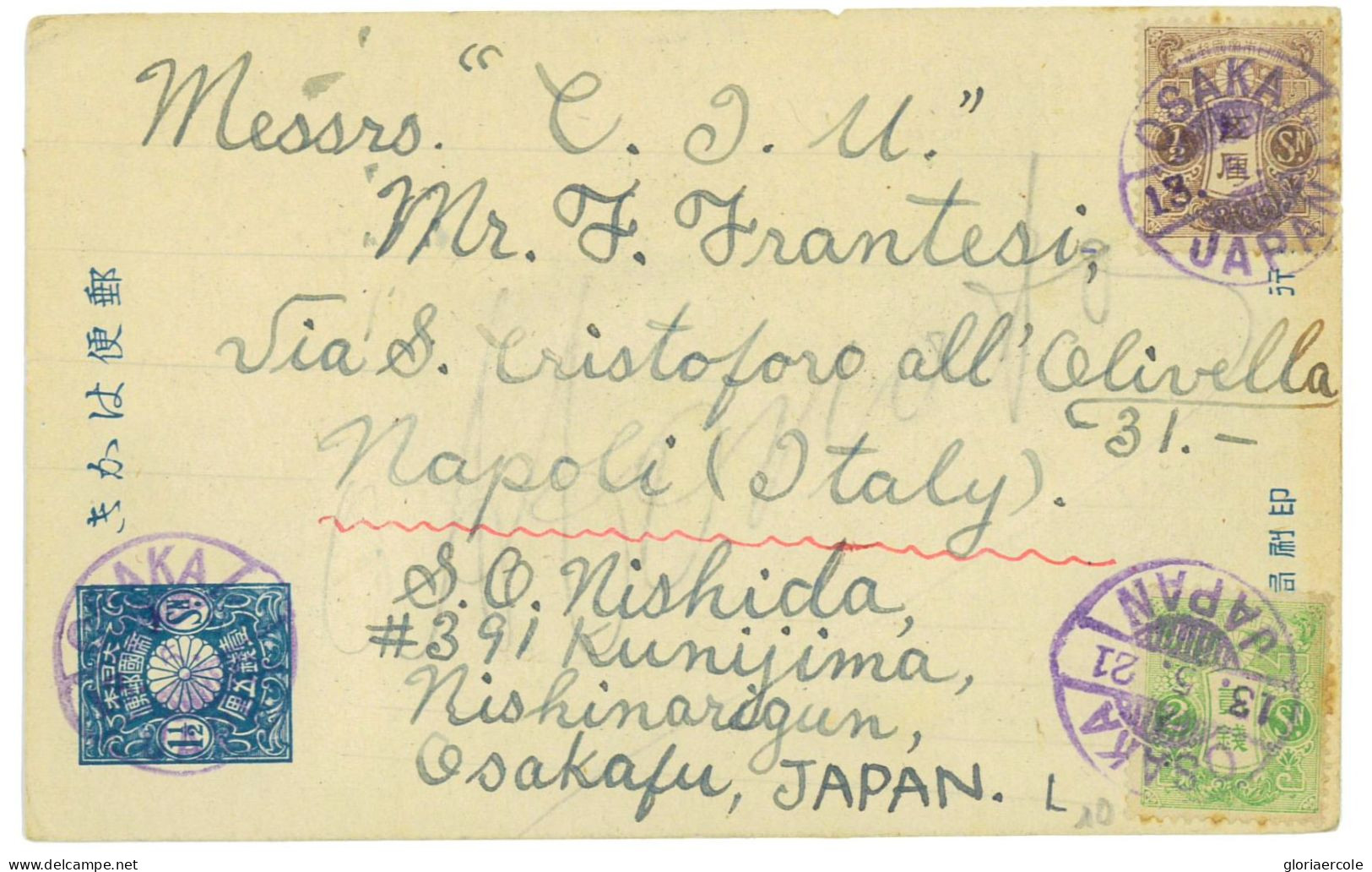 P2786 - JAPAN , 3 COLOR FRANKING 1 ½ SEN POST CARD, UPGRADED TO 4 SEN , FROM OSAKA TO NAPOLI 1921 - Briefe U. Dokumente