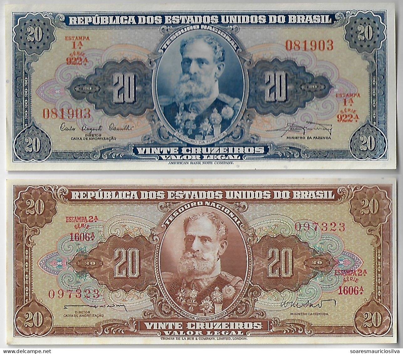 Brazil 2 Banknote Marshal Deodoro Da Fonseca 20 Cruzeiros Amato-22 Pick-186a 1961 UNC + Amato-88 Pick-178 1962 UNC - Brasil
