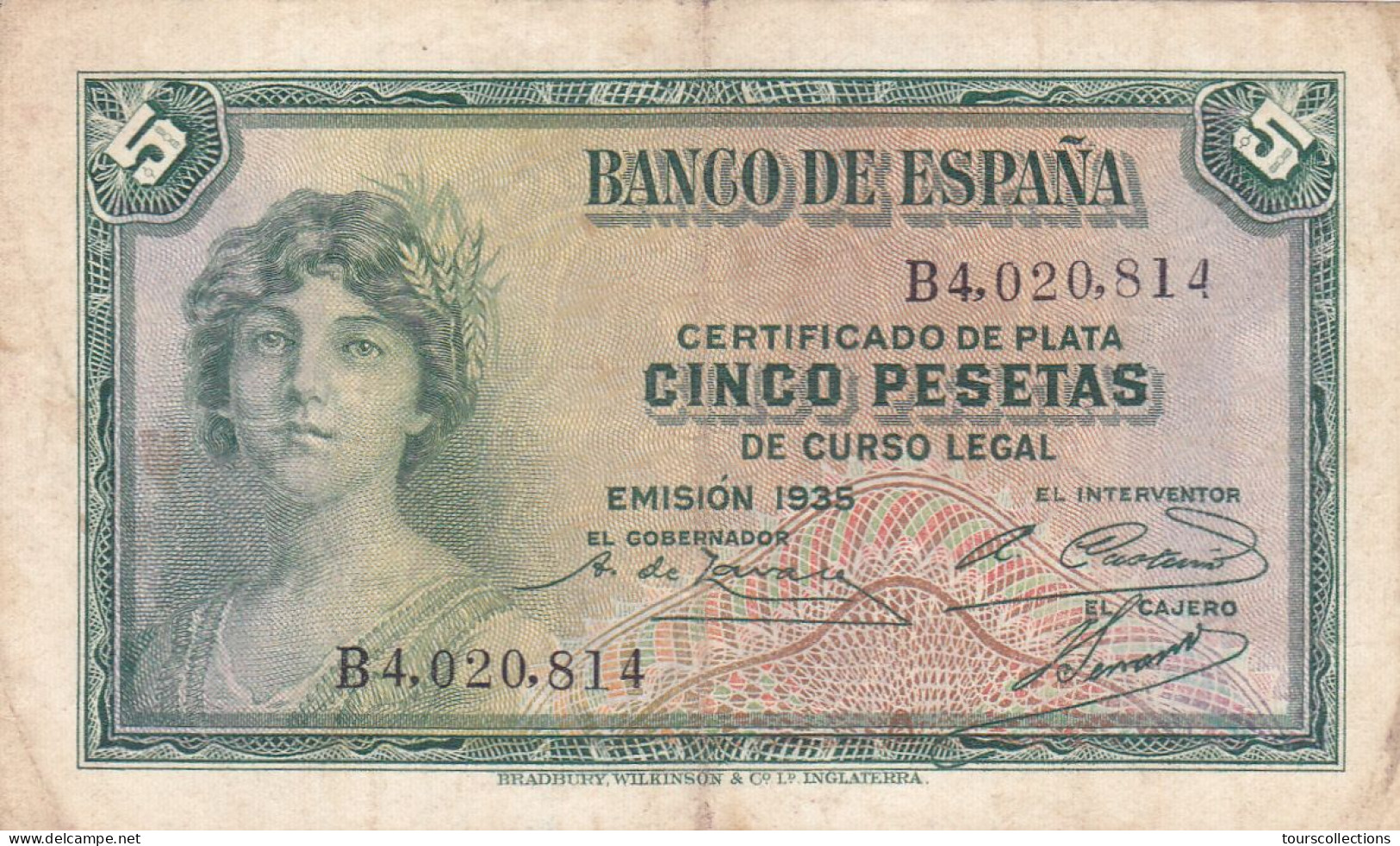 ESPAGNE - 5 PESETAS 1935 - Femme Couronnée Allégorie De La République N° Série B4020814 Série B - 5 Pesetas