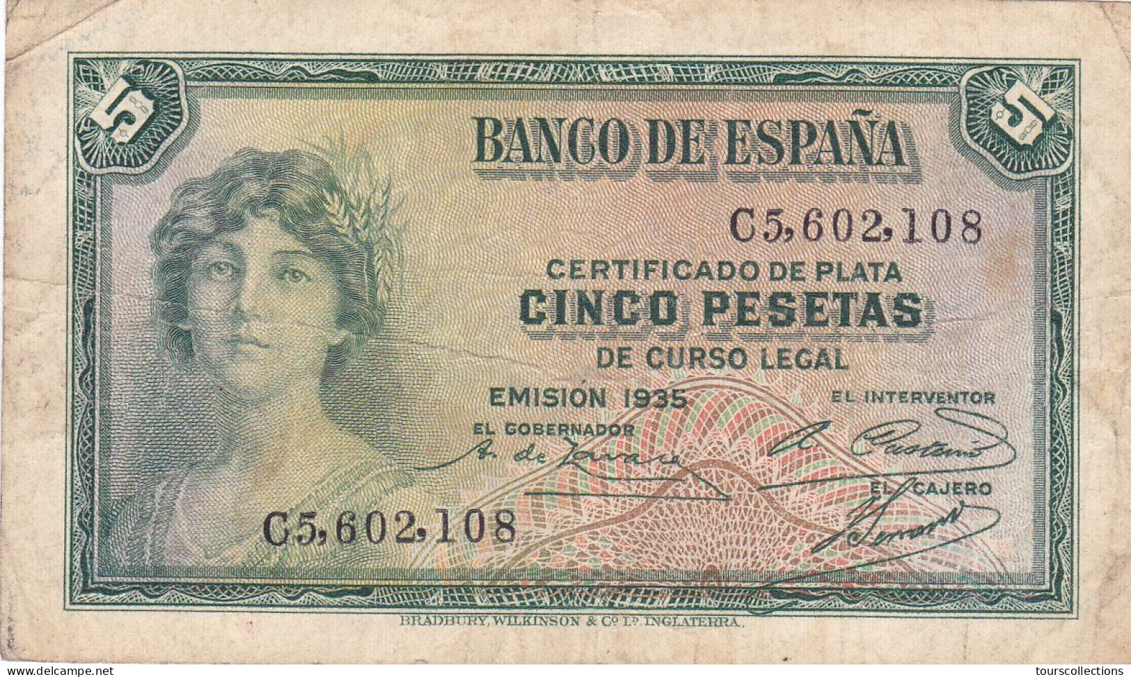 ESPAGNE - 5 PESETAS 1935 - Femme Couronnée Allégorie De La République N° Série C5602108 Série  C - 5 Pesetas