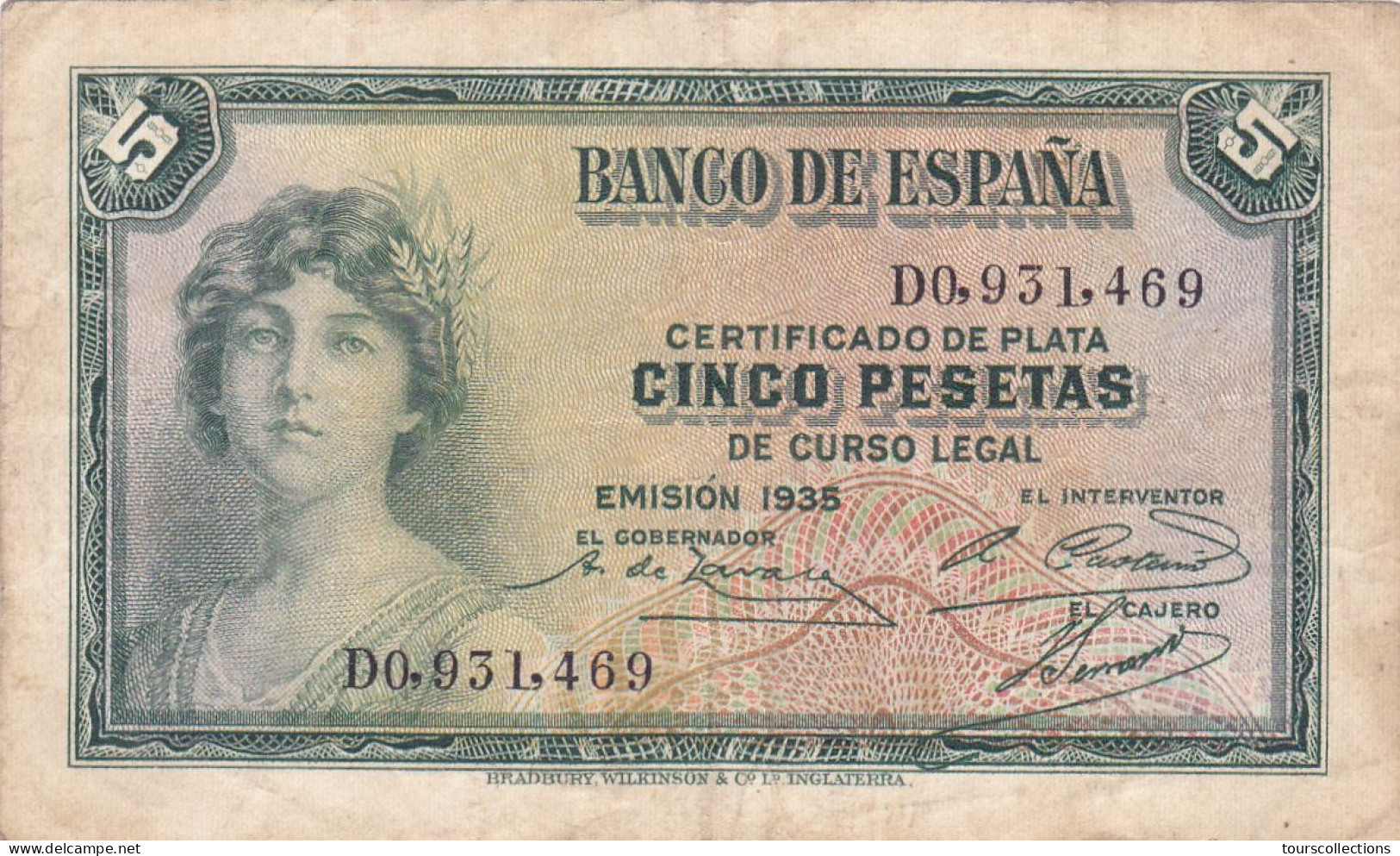 ESPAGNE - 5 PESETAS 1935 - Femme Couronnée Allégorie De La République N° Série D0931469 Série  D - 5 Pesetas