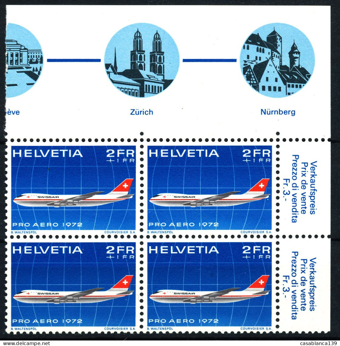 Switzerland, Pro Aero 1972 In Bloc Of 4 , Corner Piece MNH, Mi. 968 - Nuevos