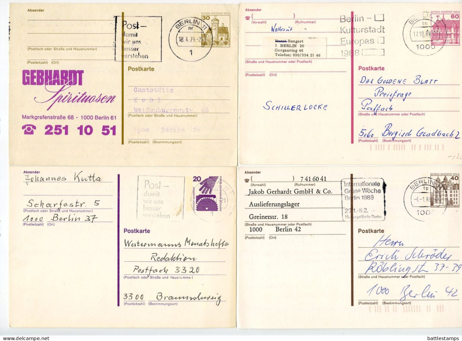 Germany, Berlin 1977-78 & 1988-89 4 Different Used Postal Cards With Slogan Cancels - Postcards - Used