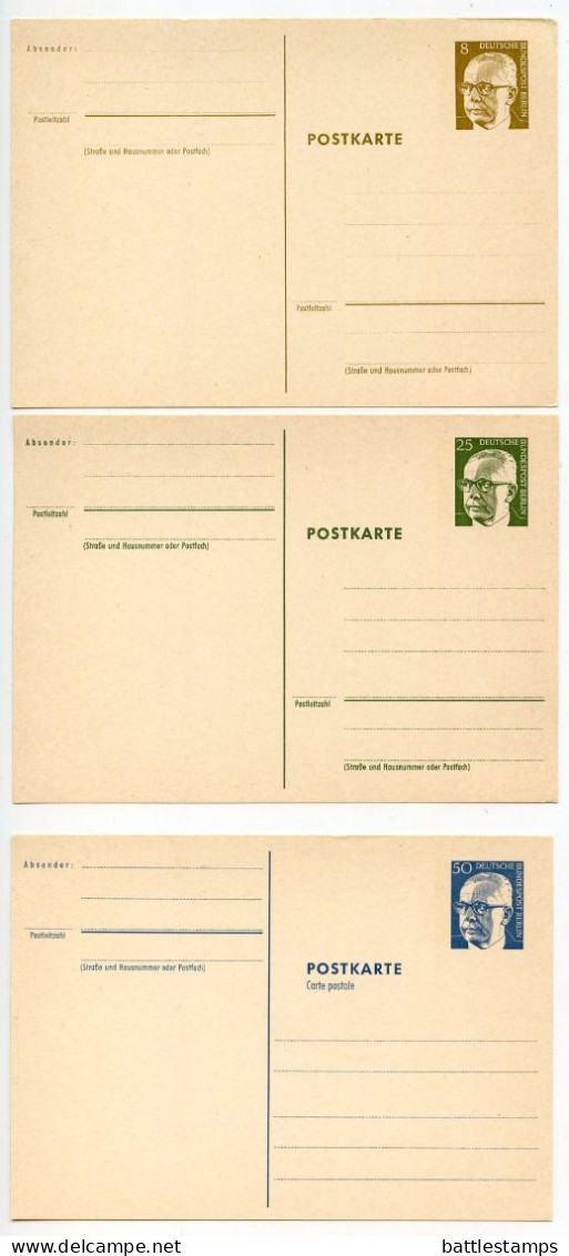 Germany, Berlin 1970's 3 Mint Postal Cards - 8pf., 25pf. & 50pf. President Heinemann - Postales - Nuevos