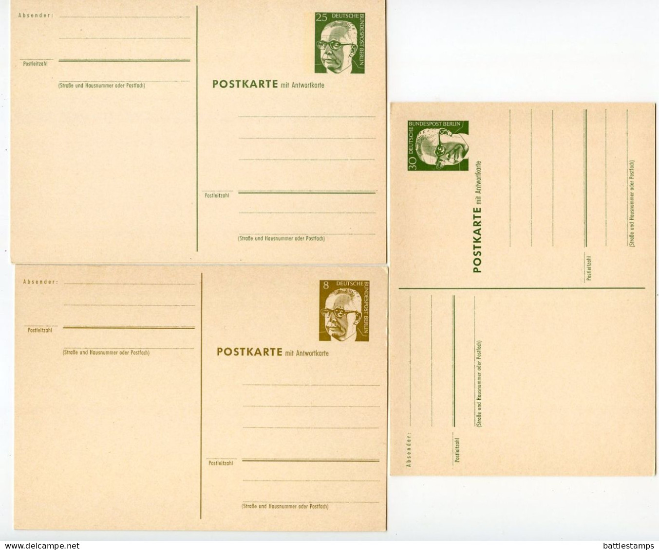 Germany, Berlin 1970's 3 Mint Postal Reply Cards - 8pf., 25pf. & 30pf. President Heinemann - Cartes Postales - Neuves