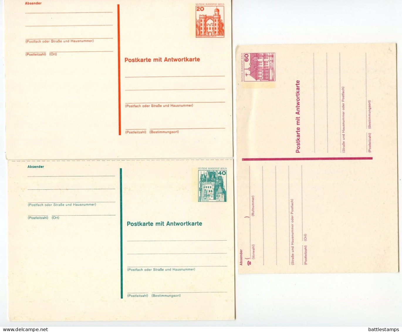 Germany, Berlin 1970's 3 Mint Postal Reply Cards - 20pf., 40pf. & 60pf. Castles - Cartes Postales - Neuves