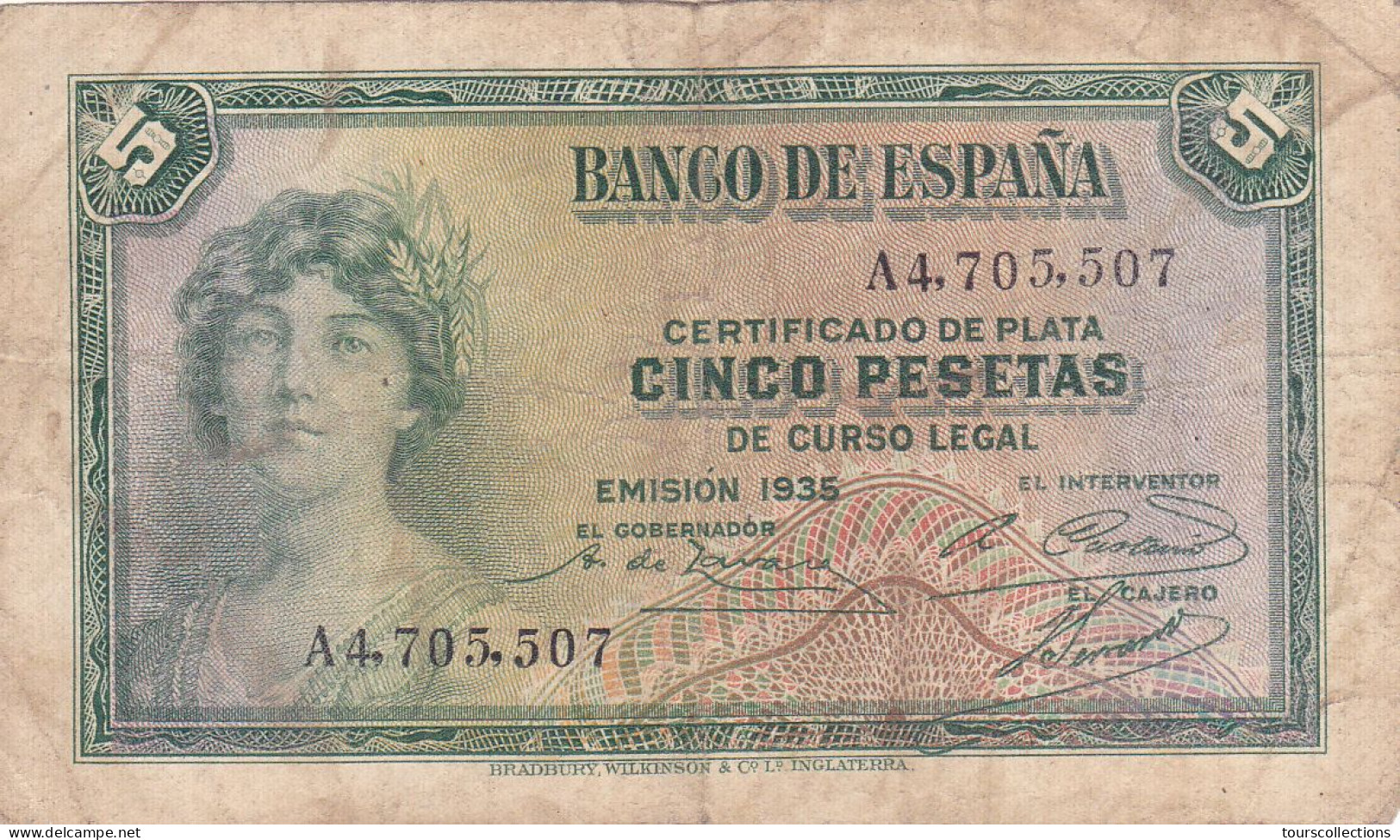 ESPAGNE - 5 PESETAS 1935 - Femme Couronnée Allégorie De La République N° Série A4705507 Série A - 5 Peseten