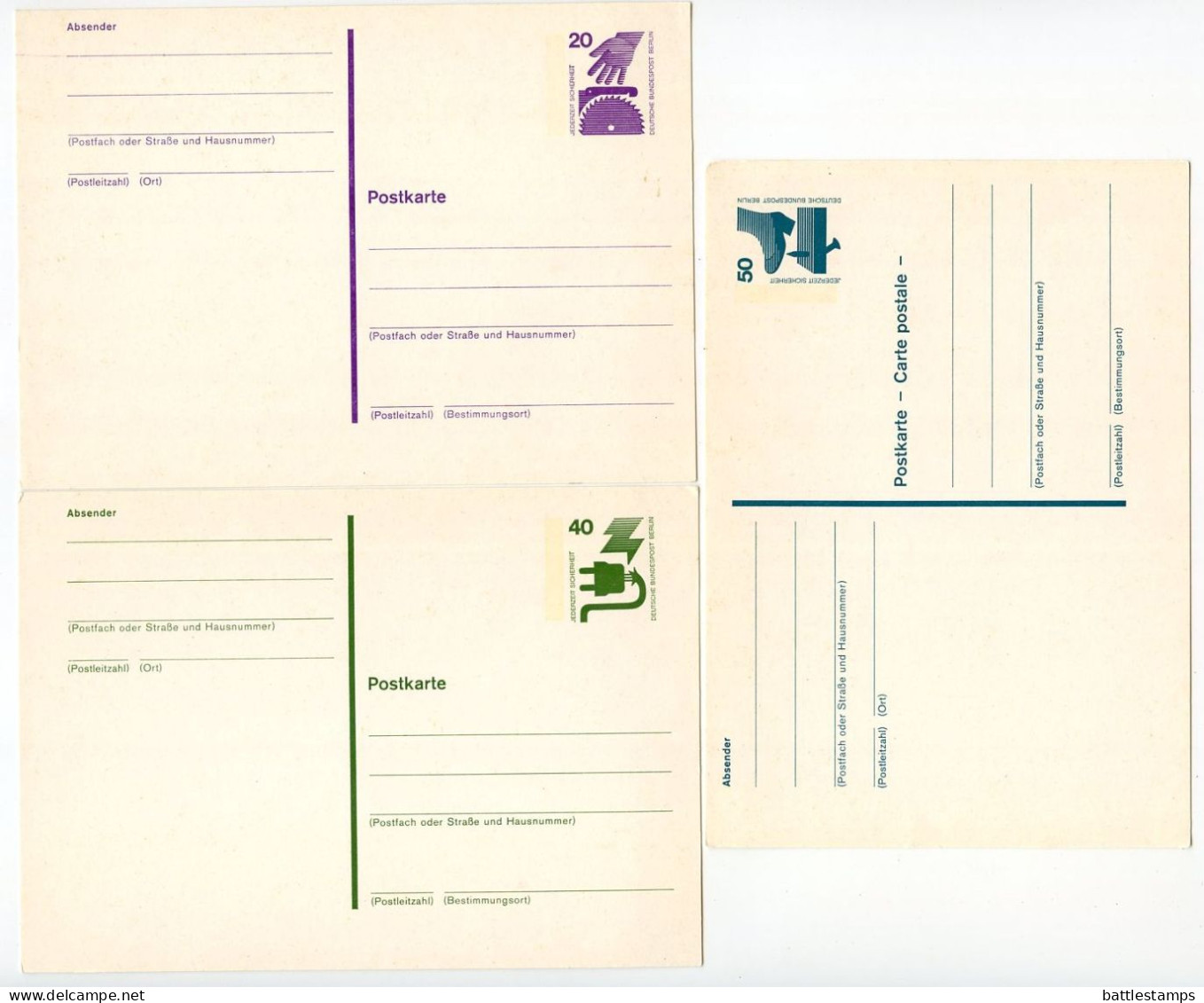 Germany, Berlin 1970's 3 Mint Postal Cards - 20pf., 40pf. & 50pf. Accident Prevention - Postkaarten - Ongebruikt