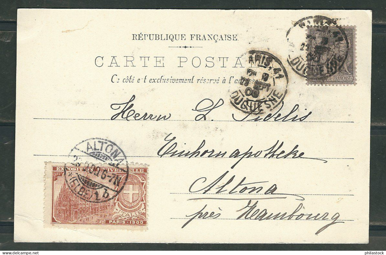 FRANCE 1900 N° 103  Obl. S/CP Avec La Vignette Expo Universelle Paris  Pour Altona Allemagne - 1898-1900 Sage (Type III)