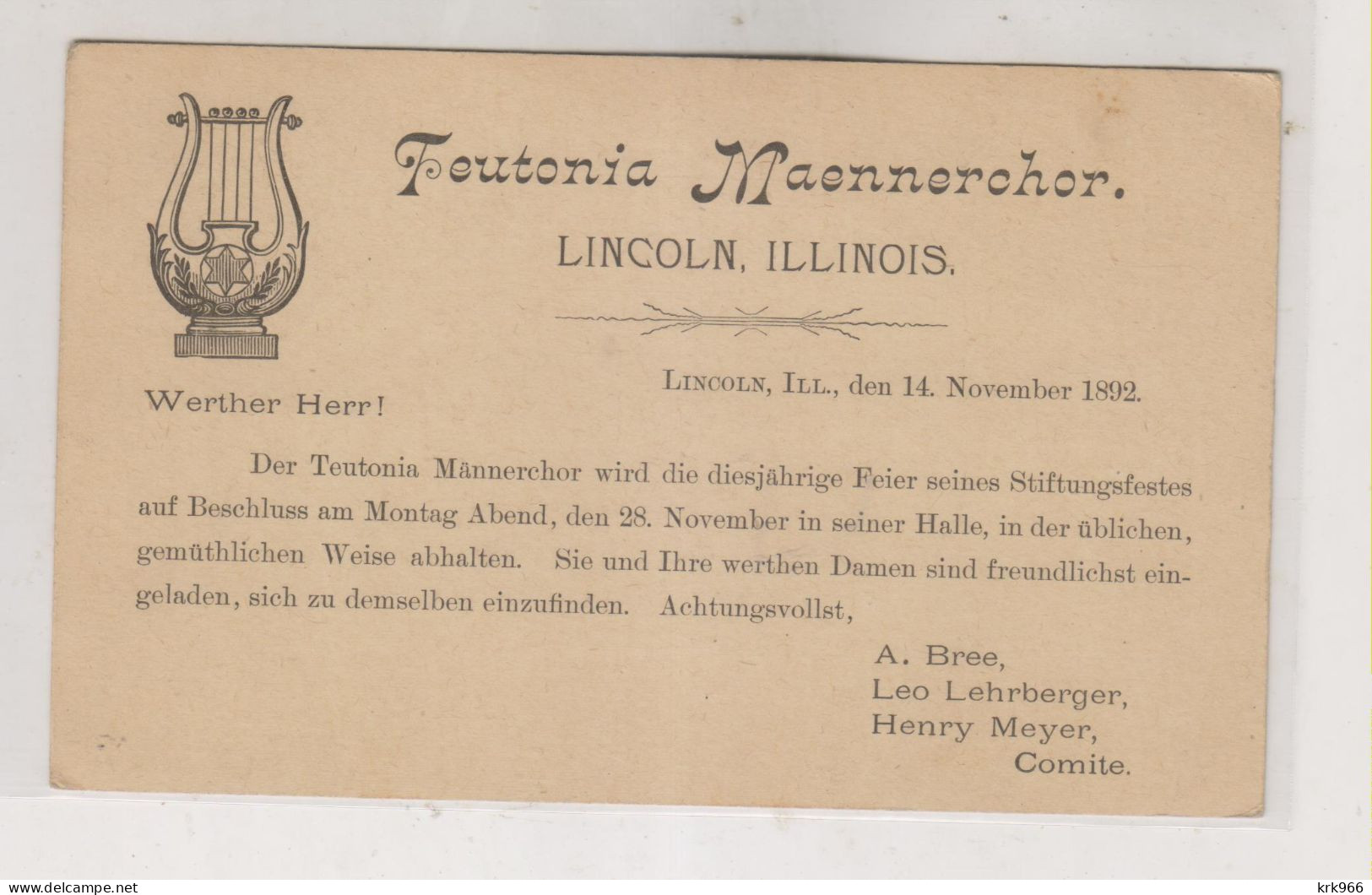 UNITED STATES 1892 LINCOLN   Nice Postal Stationery Music TEUTONIA MAENNERCHOR Germany - ...-1900