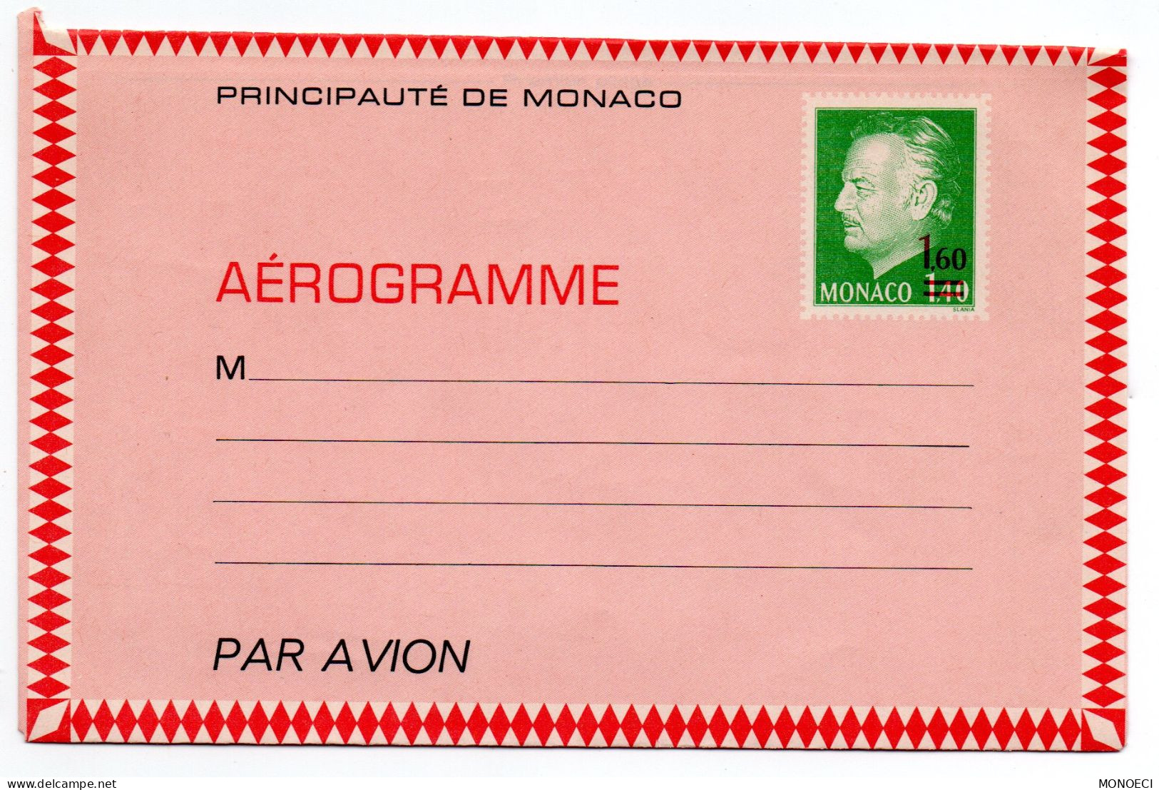 MONACO -- MONTE CARLO -- Monégasque -- Entier Postal -- Aérogramme -- Prince Rainier III 1F40 Surchargé 1F60 (1976) - Enteros  Postales