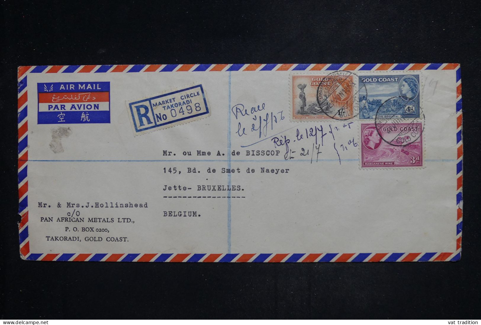 CÔTE D'OR - Enveloppe En Recommandé De Takoradi Pour Bruxelles En 1955 - L 150872 - Costa D'Oro (...-1957)