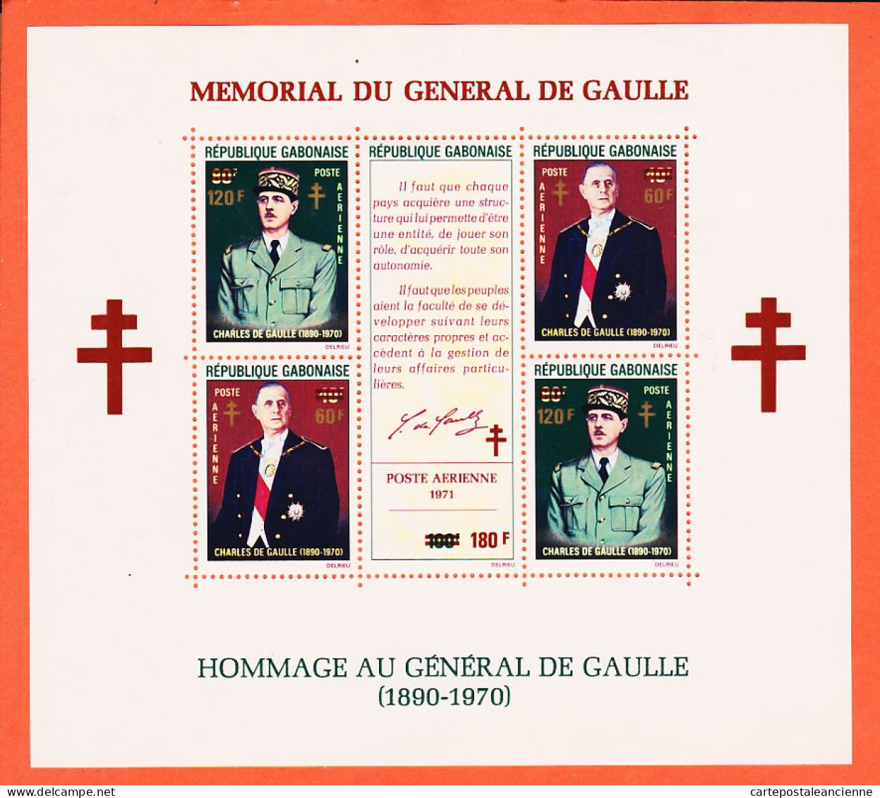 16519 / GABON Feuillet Bloc 5 Timbres Surchargés Yvert Tellier Y-T P.A N° 20 Hommage Charles DE GAULLE 1971 Luxe MNH** - Gabon (1960-...)