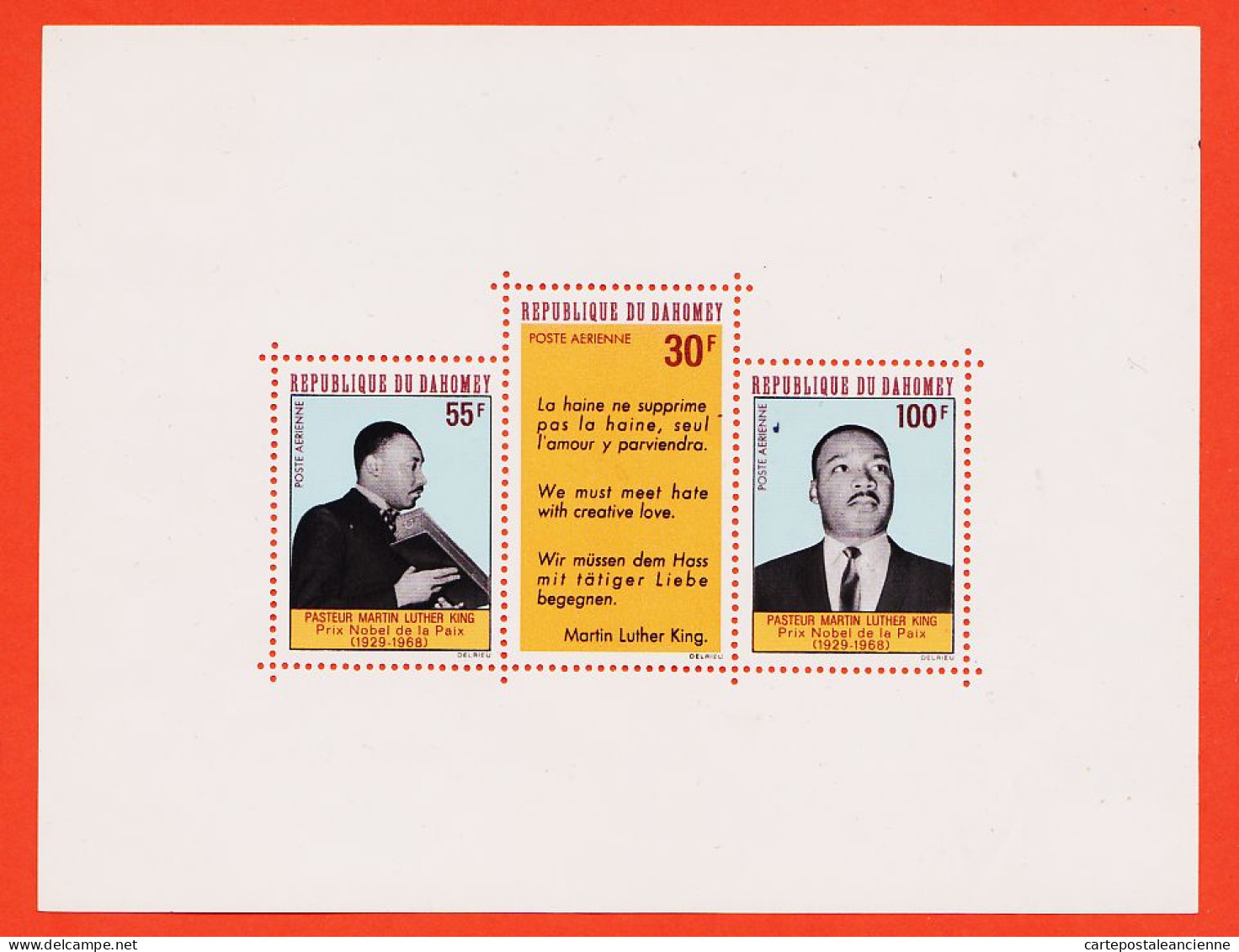 16538 / Republique DAHOMEY Feuillet Bloc 3 Timbres Yvert Tellier Y-T P.A N° 14 Mort Martin LUTHER KING - Bénin – Dahomey (1960-...)