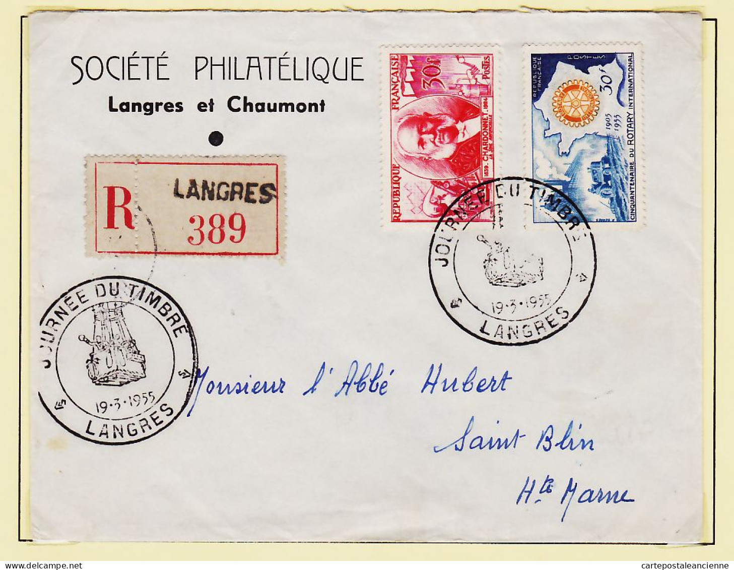 16551 / LANGRES Et CHAUMONT Société Philatélique Journée Du Timbre 19 Mars 1955 Recommandé à Abbé HUBERT Saint-Blin St  - Giornata Del Francobollo