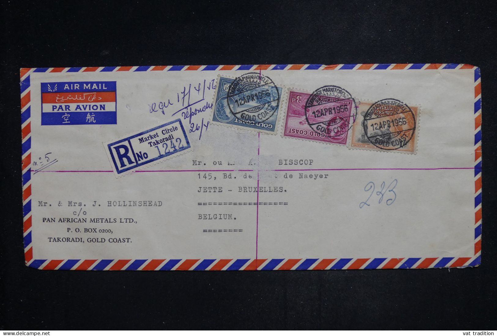 CÔTE D'OR - Enveloppe En Recommandé De Takoradi Pour Bruxelles En 1956 - L 150873 - Gold Coast (...-1957)