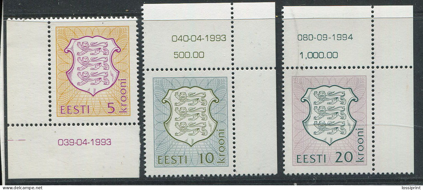 Estonia:Unused Stamps Serie Coat Of Arms, 5, 10 And 20 Krooni, 1993-1994, MNH, Corners - Stamps