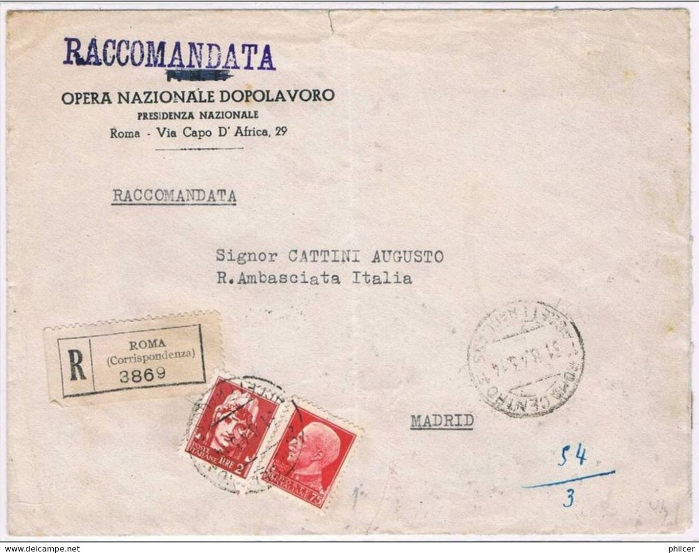 Itália, 1943, Roma-Madrid, 2 Censuras, Registado - Oblitérés