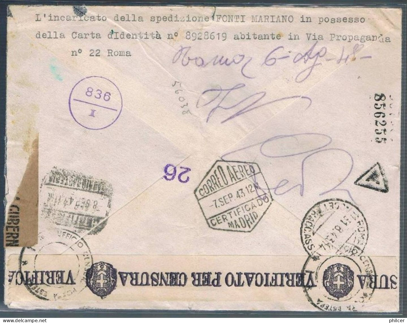 Itália, 1943, Roma-Madrid, 2 Censuras, Registado - Oblitérés