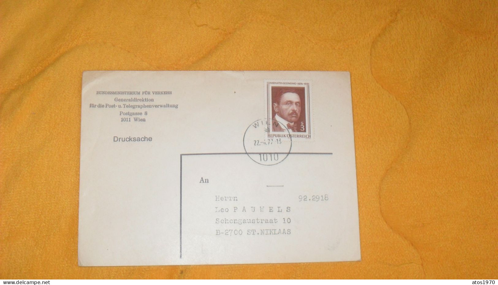 ENVELOPPE DE 1977../ BUNDESMINISTERIUM FUR VERKEHR GENERALDIREKTION..CACHET WIEN POUR ST NIKLAAS + TIMBRE - Lettres & Documents