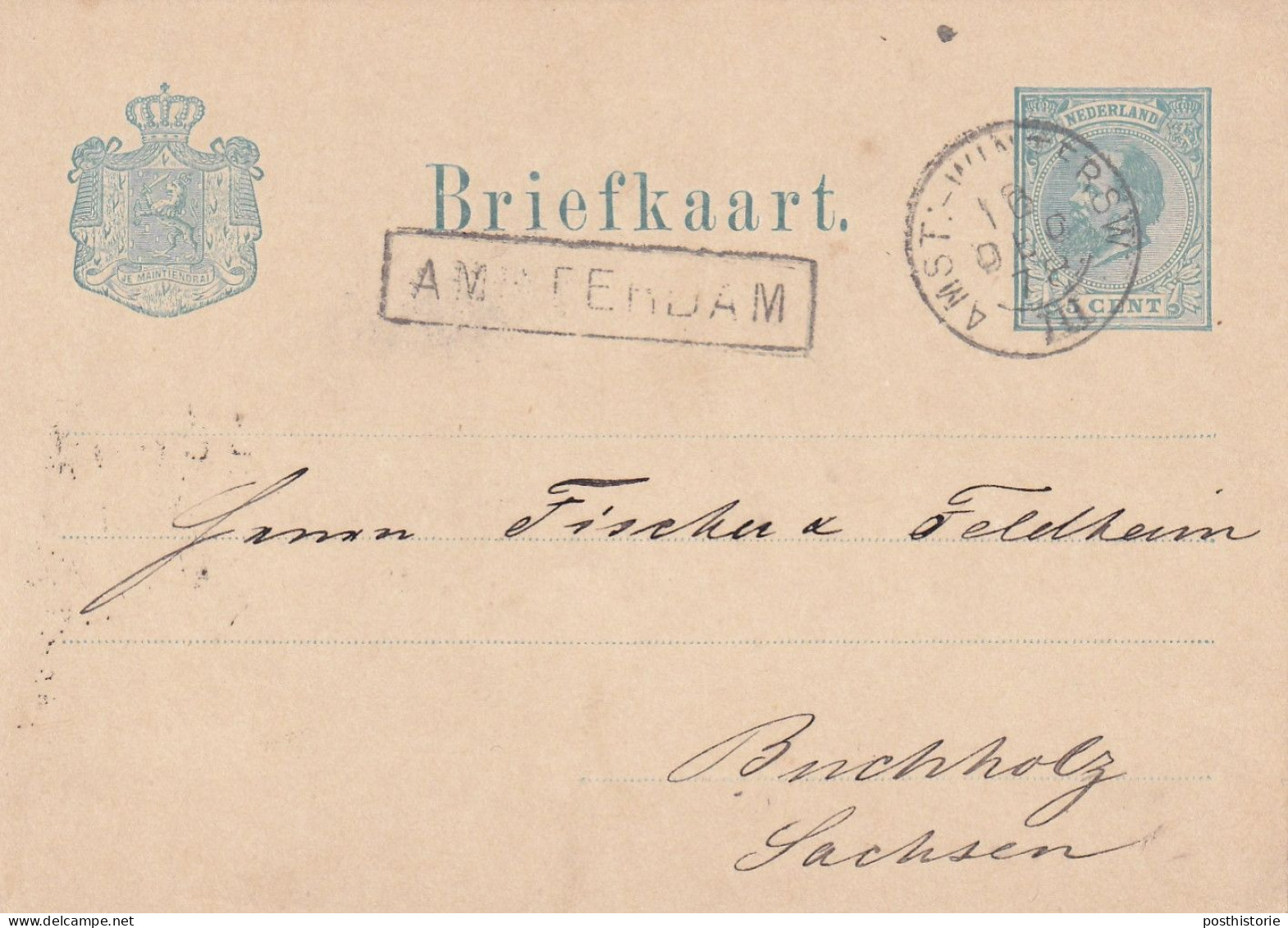 Briefkaart 16 Dec 1878 Amsterdam (halte) Via Amst:-wintersw VII (spoor Kleinrond) Naar Sachsen - Postal History