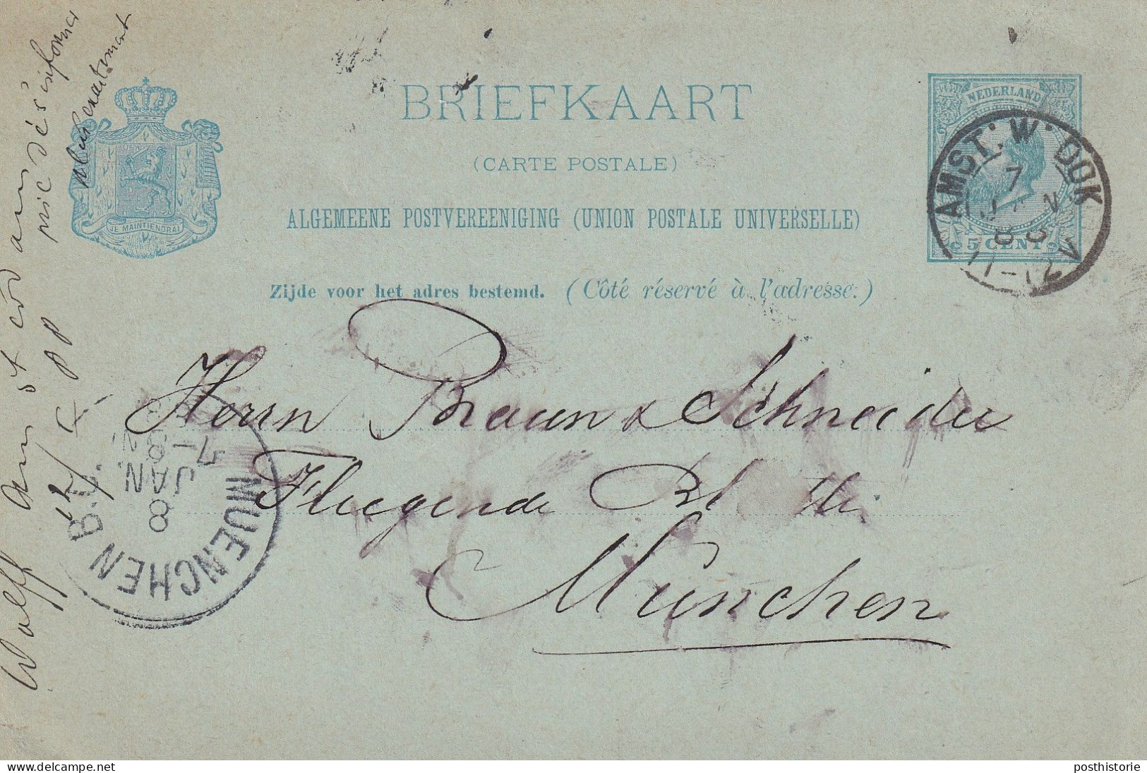 Briefkaart 7 Jan 1888 Amst:W:Dok (bijkantoor Kleinrond) Naar Munchen - Storia Postale