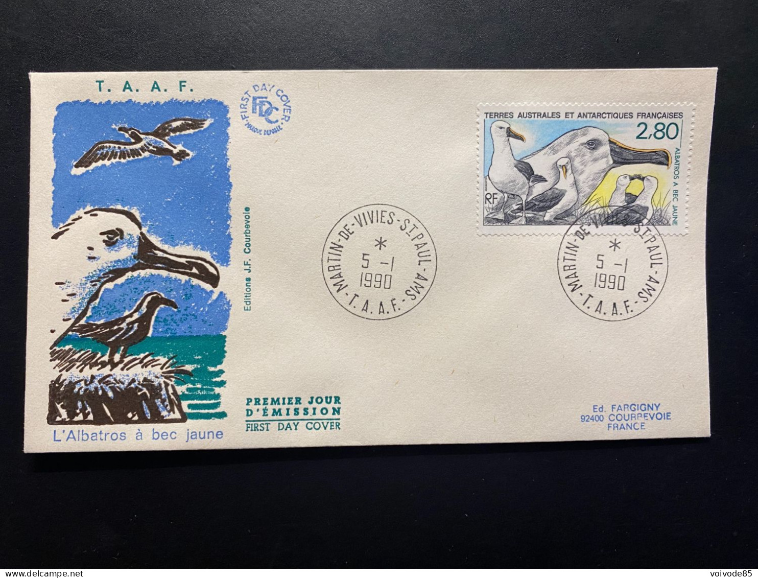 Enveloppe 1er Jour "Oiseaux - Albatros à Bec Jaune" 05/01/1990 - 150 - TAAF - Saint Paul - Animaux - FDC