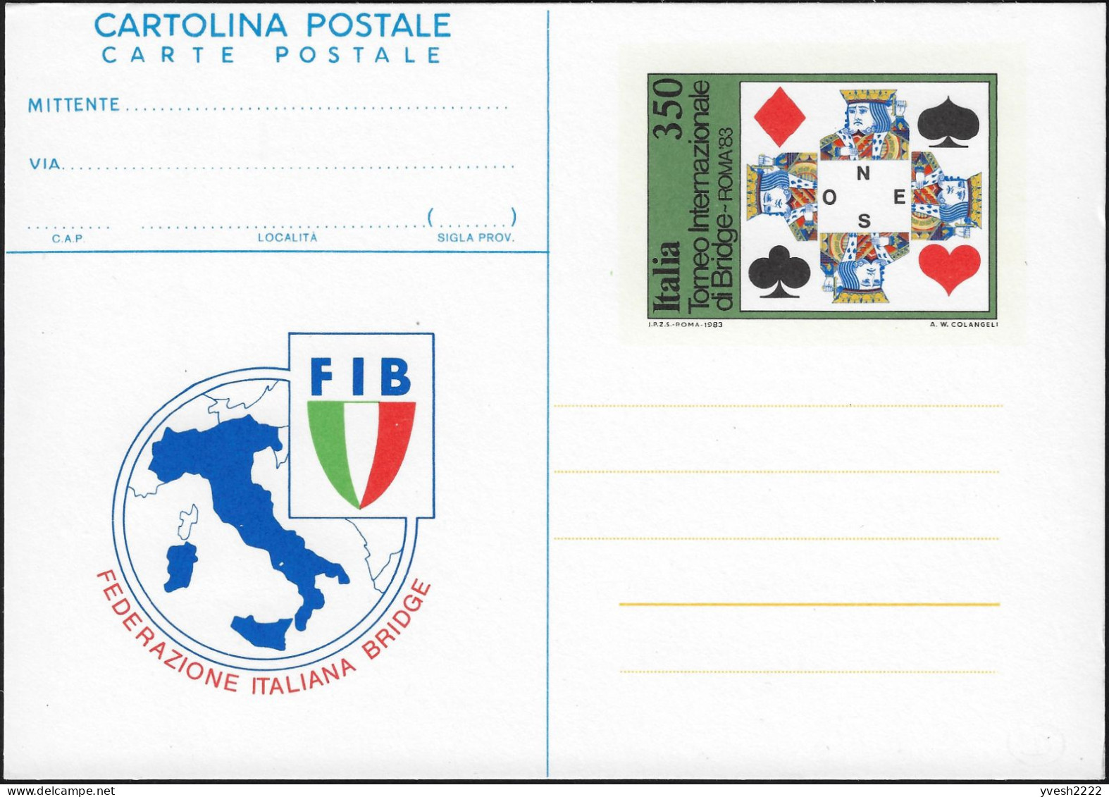 Italie 1983 Entier Postal. Jeux De Cartes, Fédération Italienne De Bridge - Non Classificati