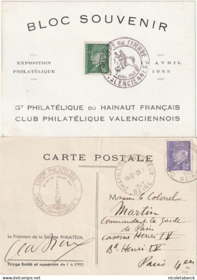 Pétain, 2 Cartes Bloc Souvenir Valenciennoise + Exposition Philatélique Chatillon Sous Bagneux. - 1941-42 Pétain