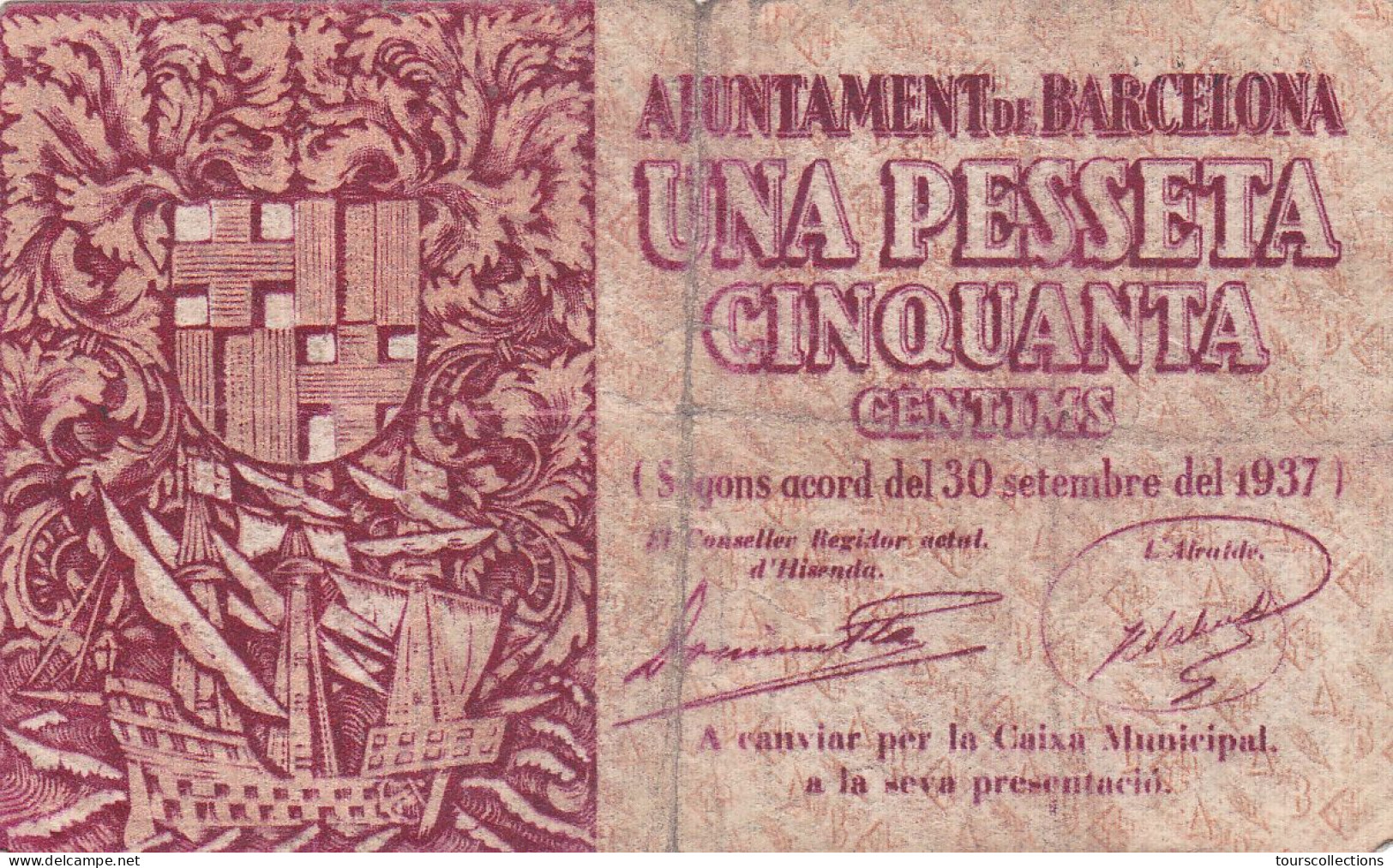 ESPAGNE - 1,5 PESETAS 1937 BARCELONA - Bateau Et Armoirie N° Série B488089 Série B Billet Local De La Guerre Civile - 1-2 Peseten