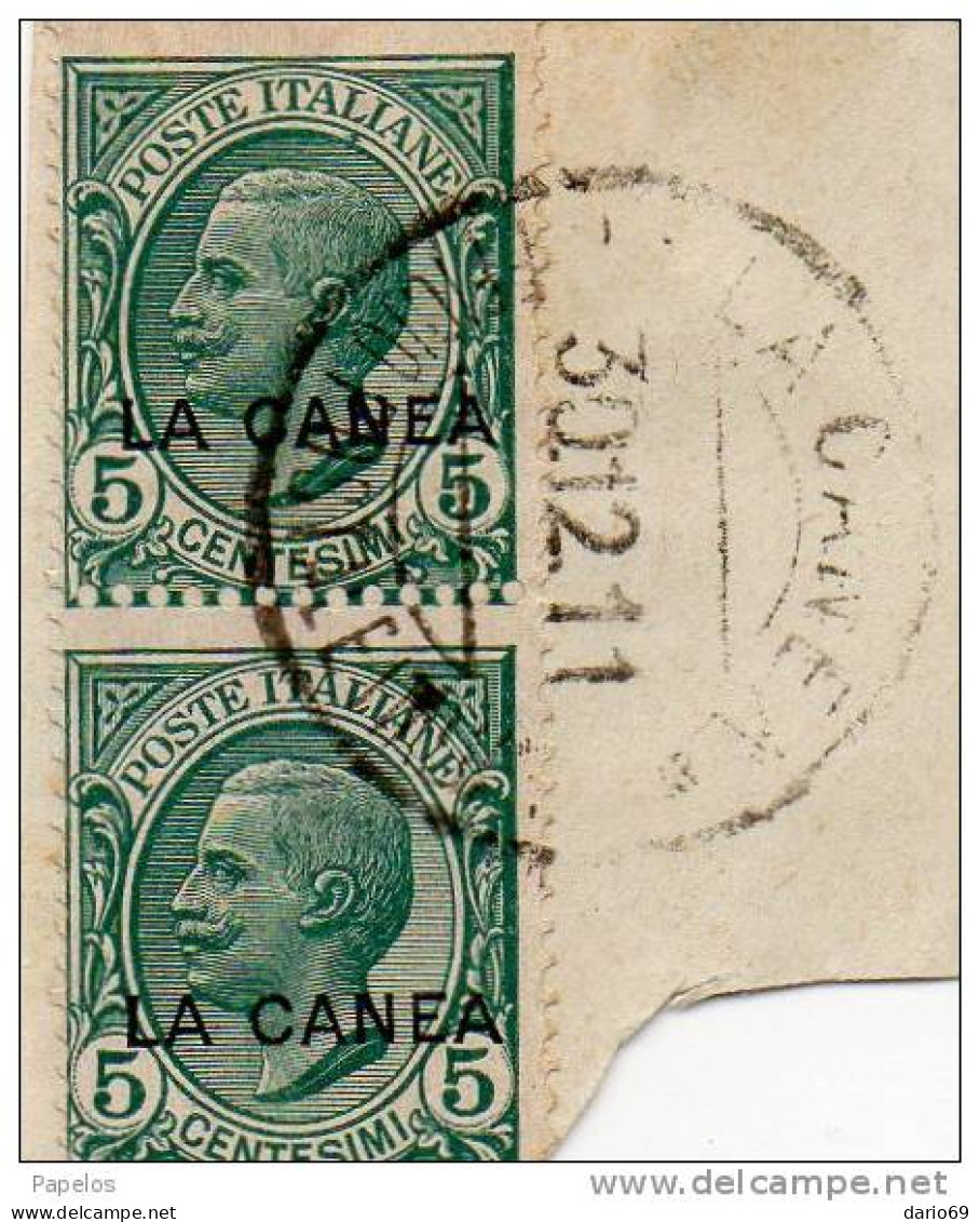 1912 FRAMMENTO CON DENTELLATURA SPOSTATA  + SOVRASTAMPA LA CANEA - Oblitérés