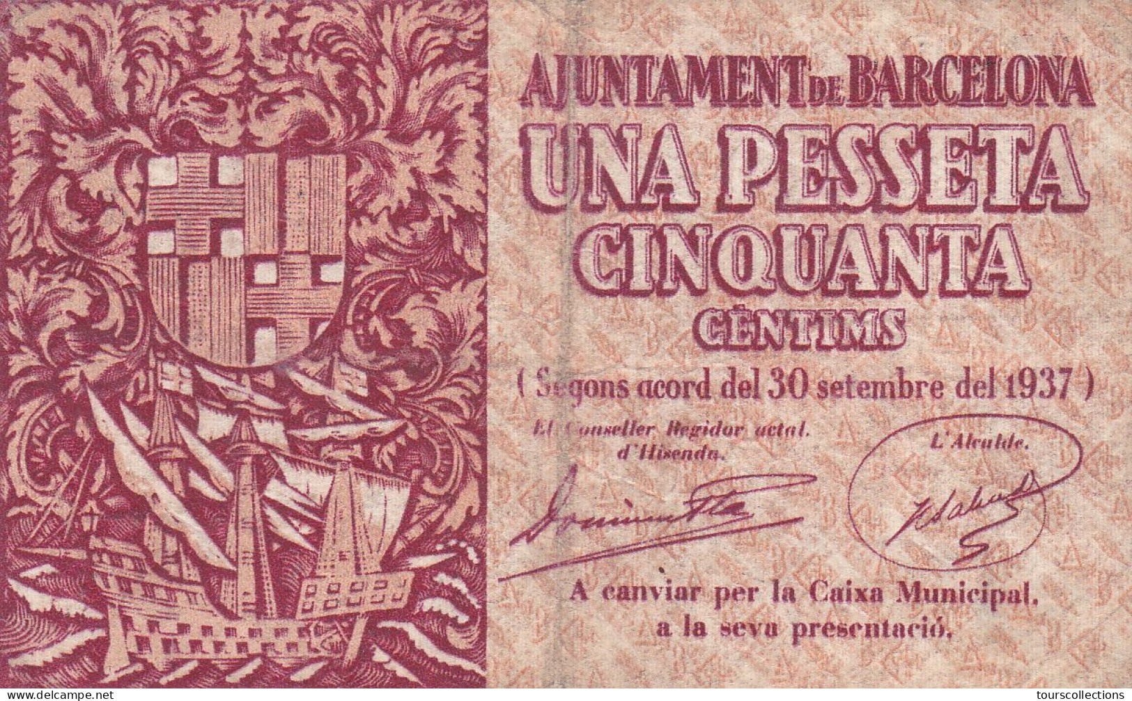 ESPAGNE - 1,5 PESETAS 1937 BARCELONA - Bateau Et Armoirie N° Série B374994 Série B Billet Local De La Guerre Civile - 1-2 Pesetas