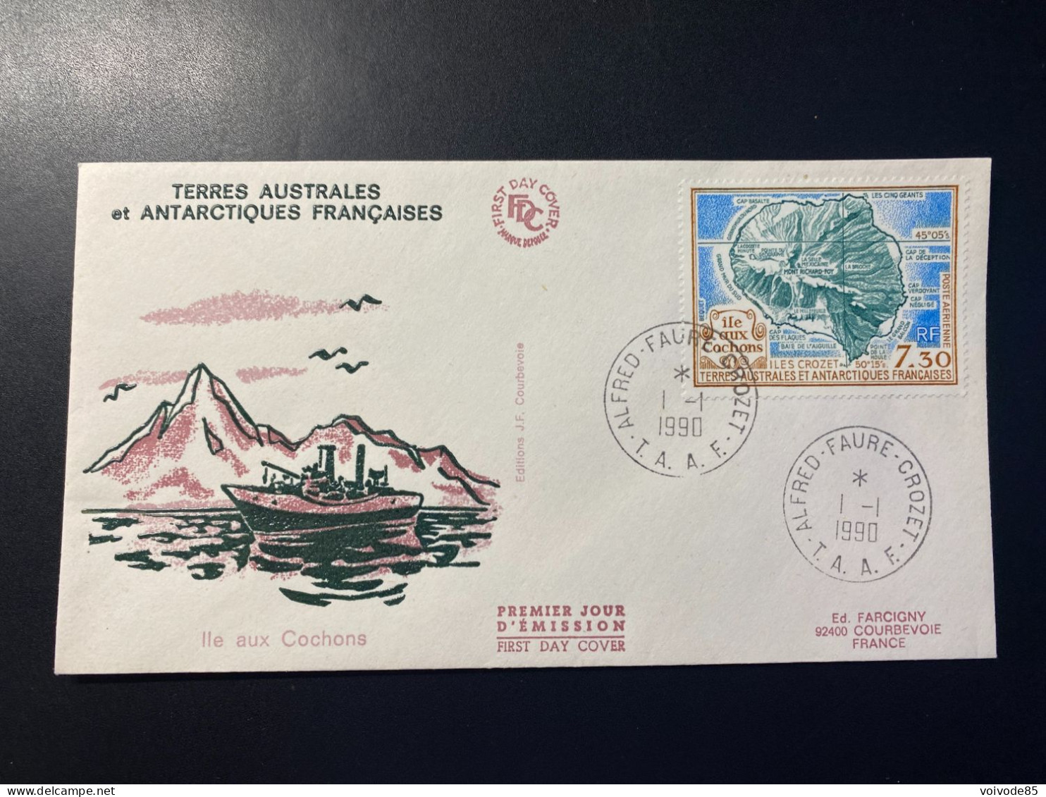 Enveloppe 1er Jour "L'Ile Aux Cochons" 01/01/1990 - PA110 - TAAF - Crozet - Bateaux - FDC