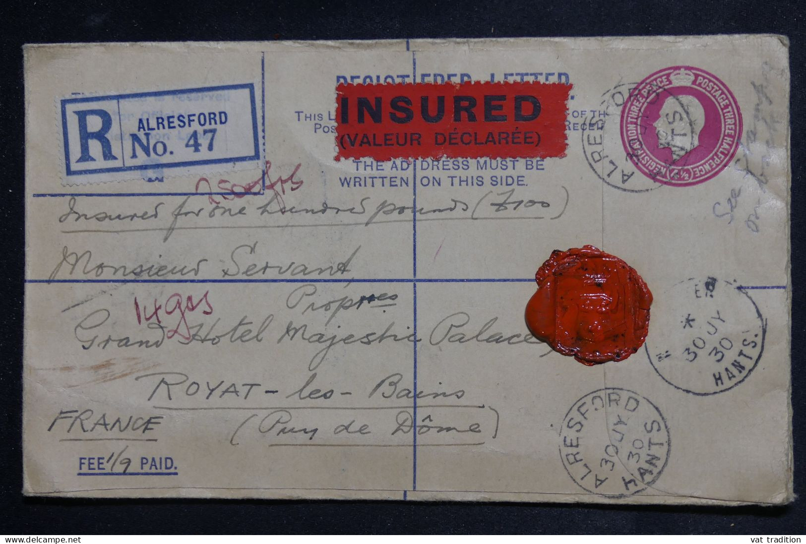 GRANDE BRETAGNE - Entier Postal En Recommandé De Alresford Pour La France En 1930 - L 150878 - Luftpost & Aerogramme