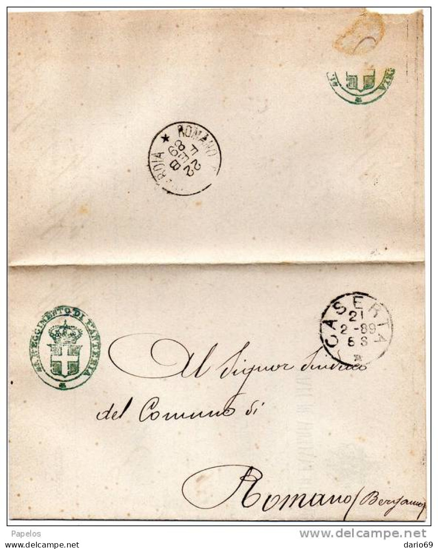 1889 LETTERA CON ANNULLO CASERTA + ROMANO DI LOMBARDIA BERGAMO  + STEMMA 41° REGGIMENTO FANTERIA DI LINEA - Storia Postale