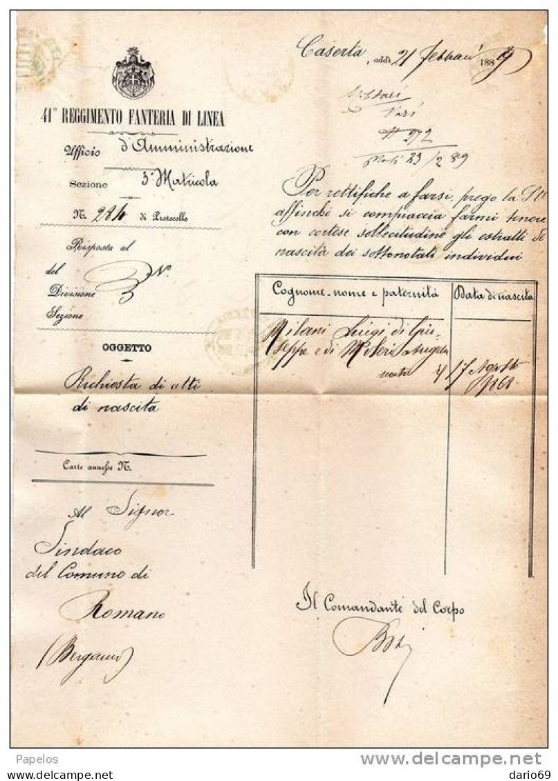 1889 LETTERA CON ANNULLO CASERTA + ROMANO DI LOMBARDIA BERGAMO  + STEMMA 41° REGGIMENTO FANTERIA DI LINEA - Storia Postale