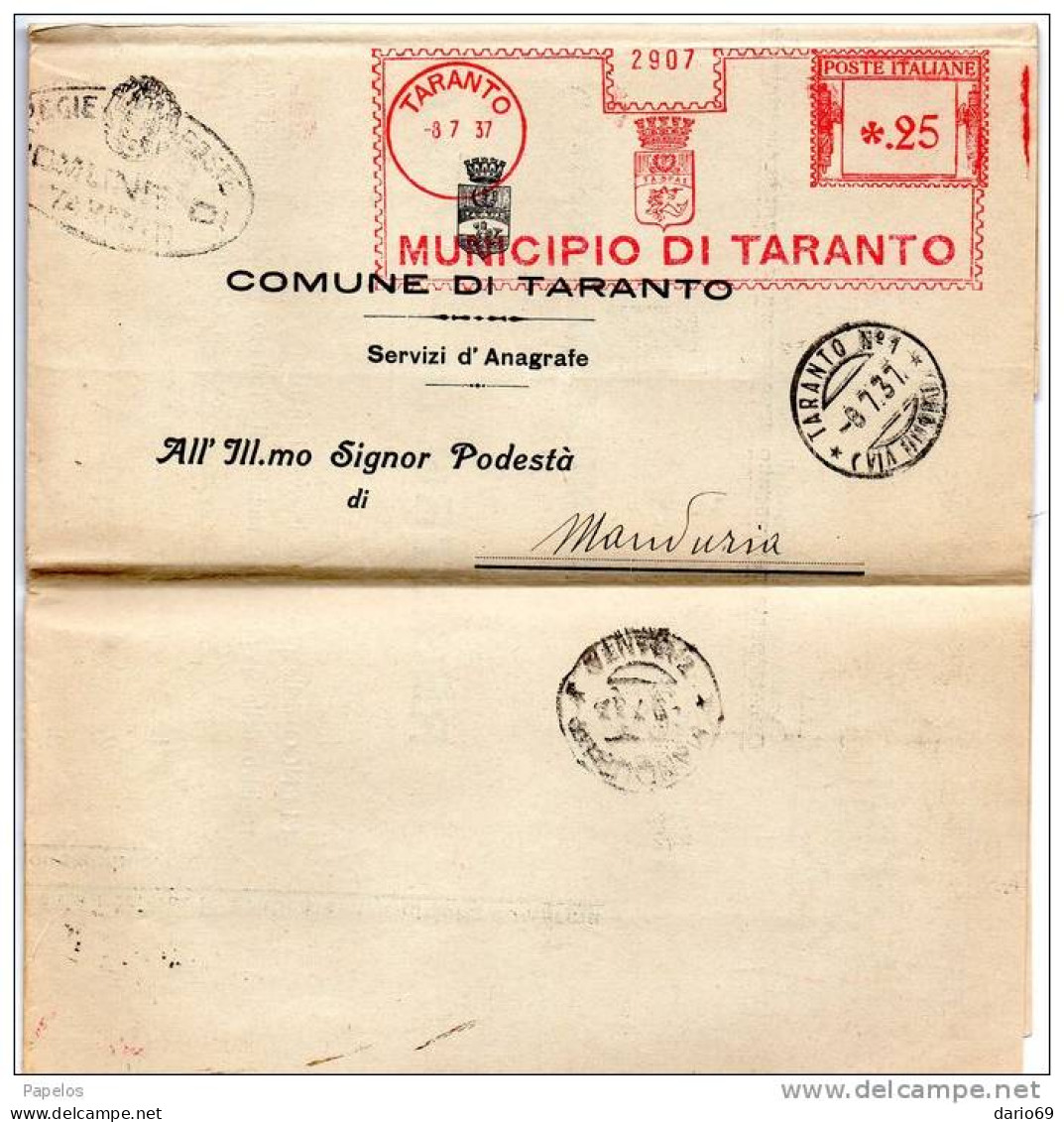 1937 LETTERA CON ANNULLO  TARANTO - Frankeermachines (EMA)