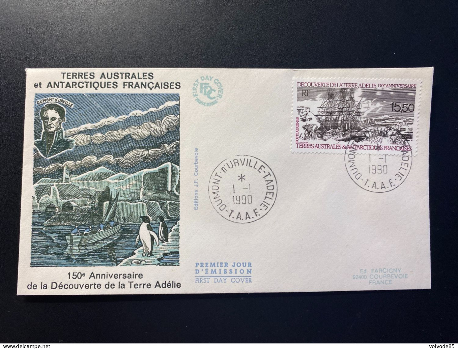 Enveloppe 1er Jour "150e Anniversaire De La Découverte De La Terre Adélie" 01/01/1990 - PA111 - TAAF - Bateaux - FDC