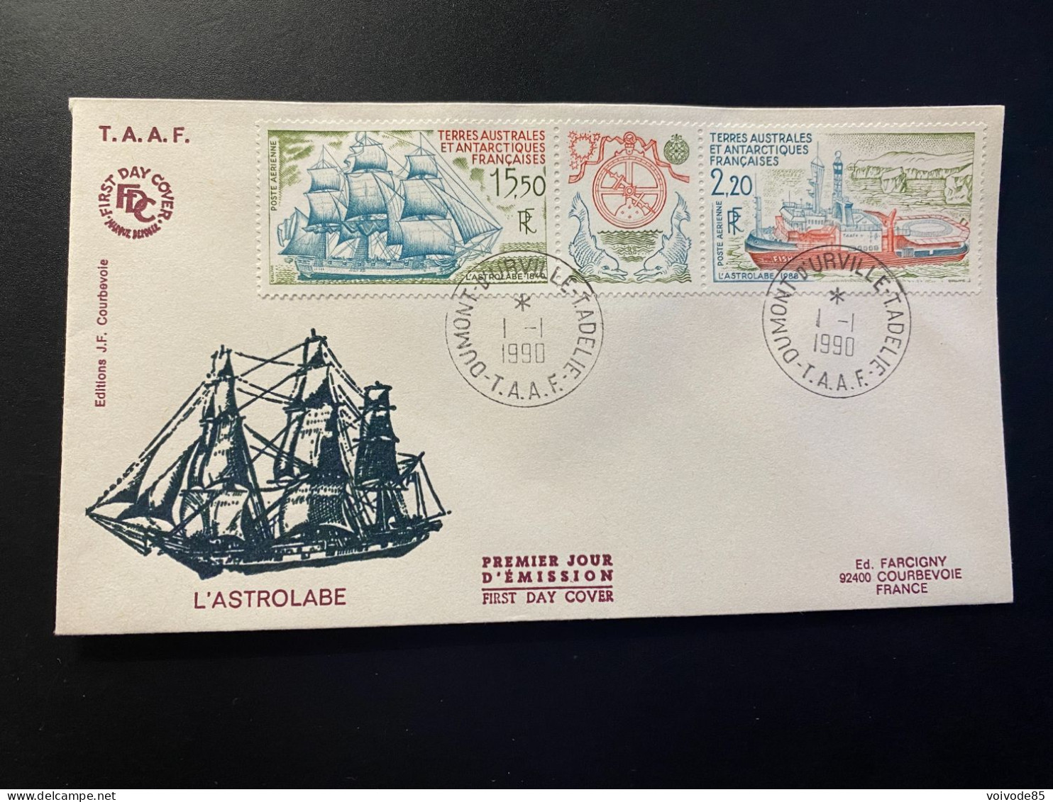 Enveloppe 1er Jour "Navire - L'Astrolabe" 01/01/1990 - PA113A - TAAF - Bateaux - FDC