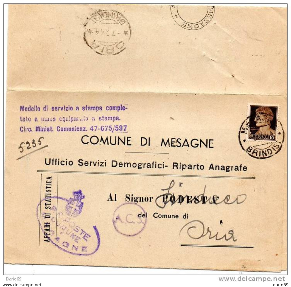 1944 LETTERA CON ANNULLO MESAGNE BRINDISI - Marcophilie