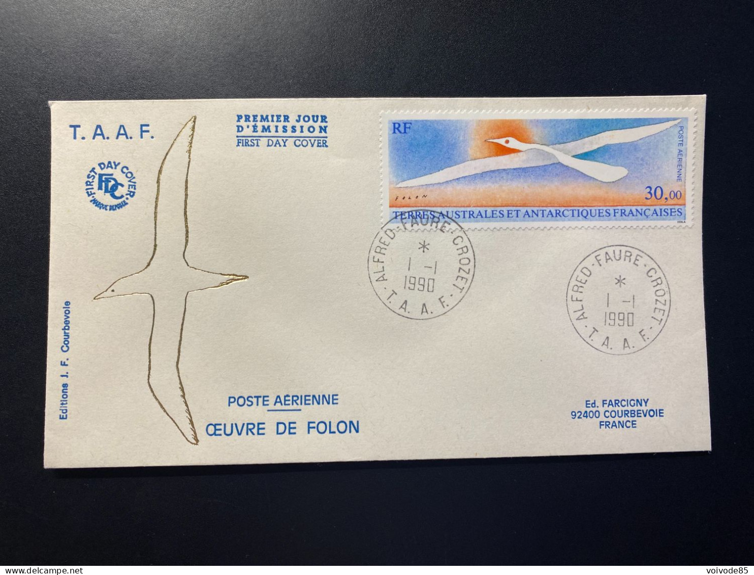 Enveloppe 1er Jour "Oiseau De Folon" 01/01/1990 - PA114 - TAAF - Crozet - Oiseaux - Animaux - FDC