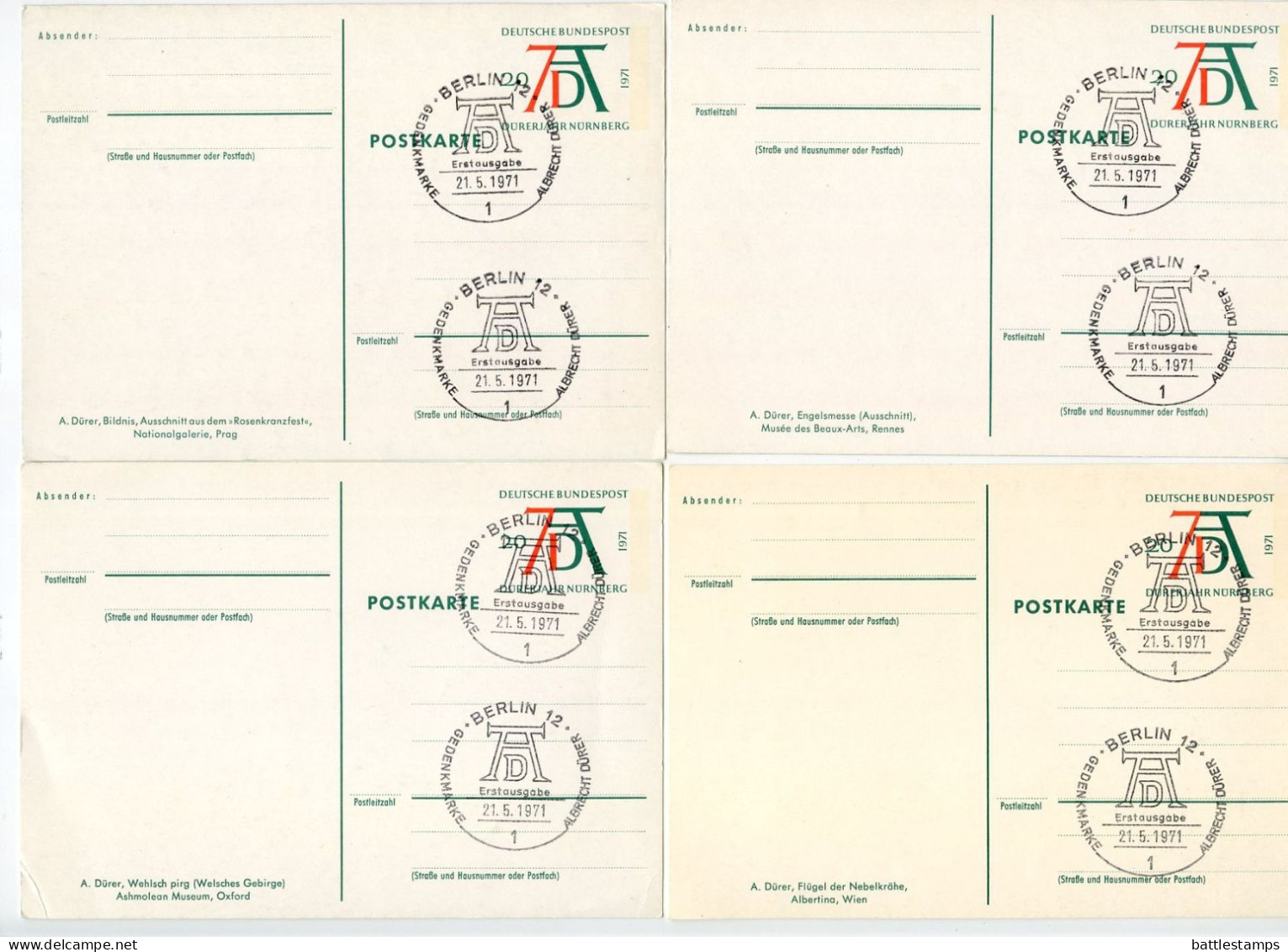 Germany 1971 Set Of 4 Albrecht Dürer Postal Cards With First Day Cancels From Berlin - 1971-1980