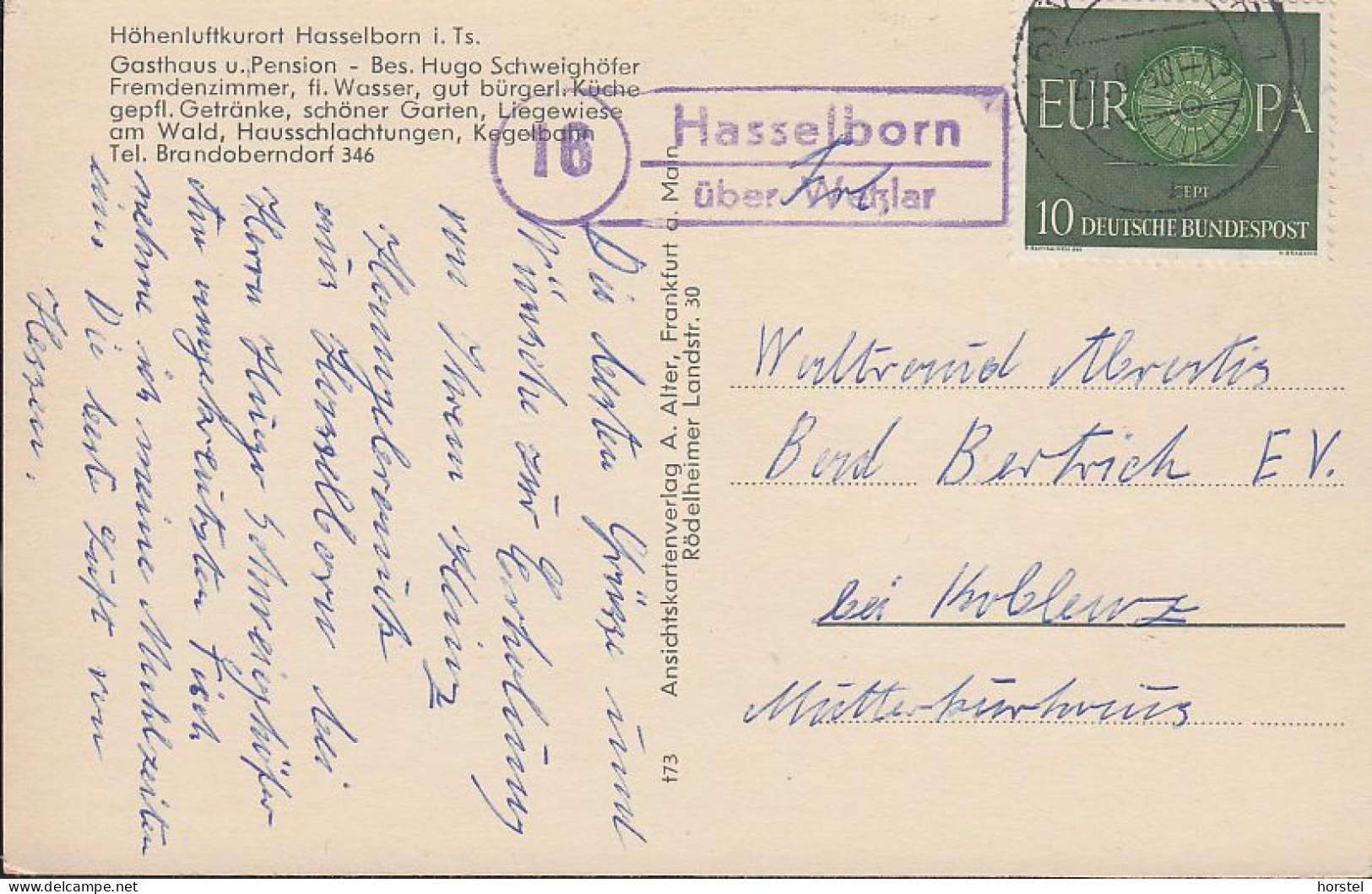 D-35647 Hasselborn - Taunus - Gasthaus H.Schweighöfer - Nice Stamp "Cept" -Landpoststempel  ! 16 über Wetzlar - Wetzlar