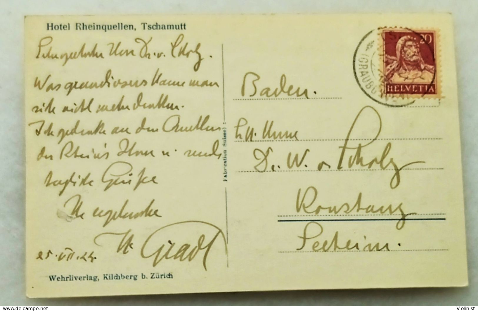 Switzerland-Tomasee Rheinquelle-Hotel Rheinquellen,Tschamutt-postmark 1924. - Tujetsch