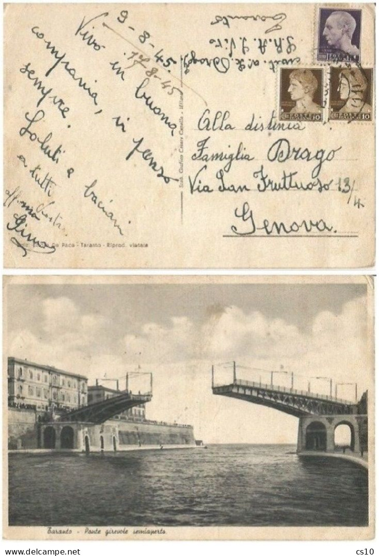 LUOGOTENENZA 9ago1945 Imperiale SF L.1 + Imperiale C.10 Coppia Cart. Taranto Ponte Girevole - Marcophilia