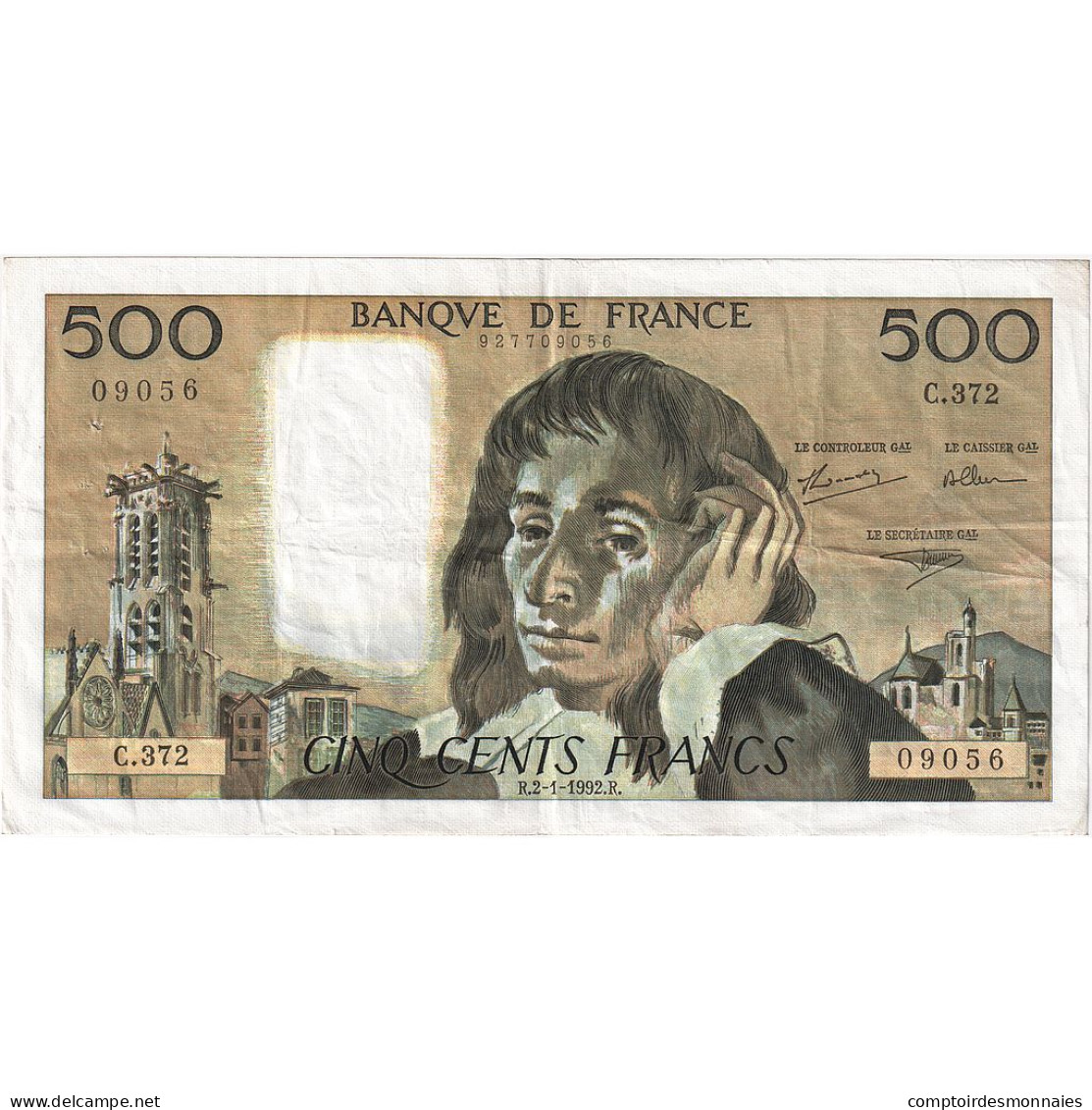 France, 500 Francs, Pascal, 1992, C.372, TTB+, Fayette:71.49, KM:156i - 500 F 1968-1993 ''Pascal''