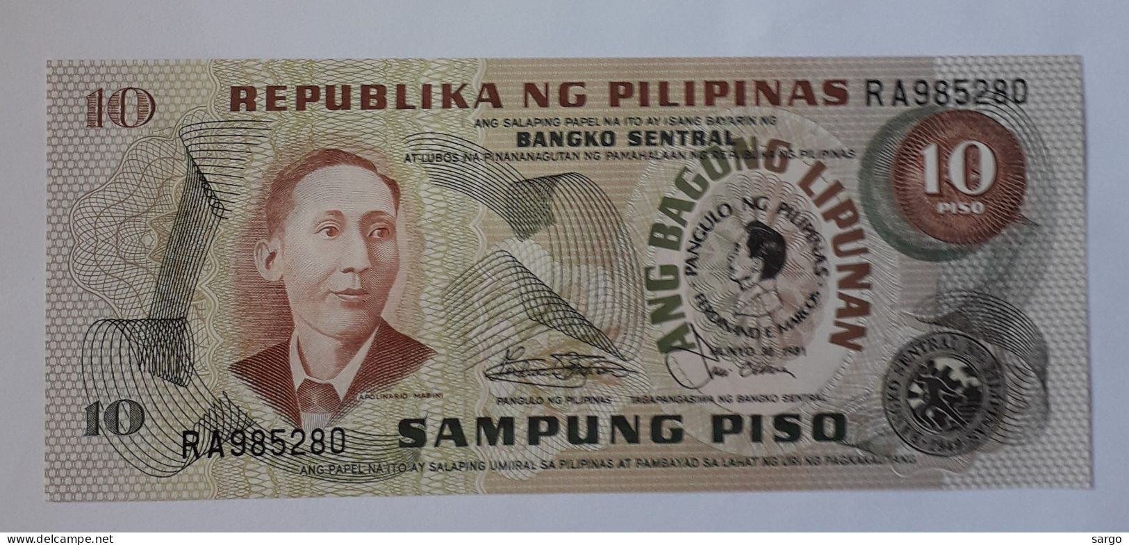 PHILIPPINES  - 10 PISU - 1981 - P 161b - UNC - BANKNOTES - PAPER MONEY - CARTAMONETA - - Filippine