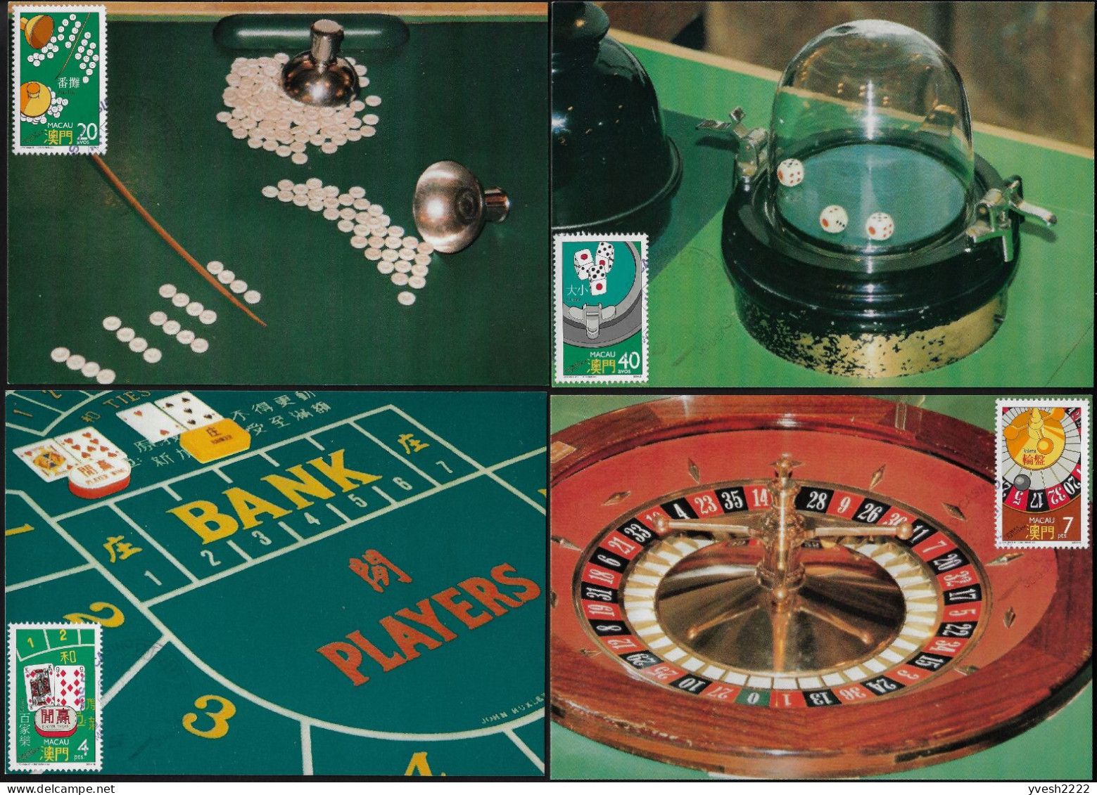 Macao 1987 Y&T 551 à 554 Sur Cartes Maxima. Jeux D'argent, Casinos. Fan-Tan. Cussec Et Dés. Baccara Et Cartes. Roulette - Unclassified