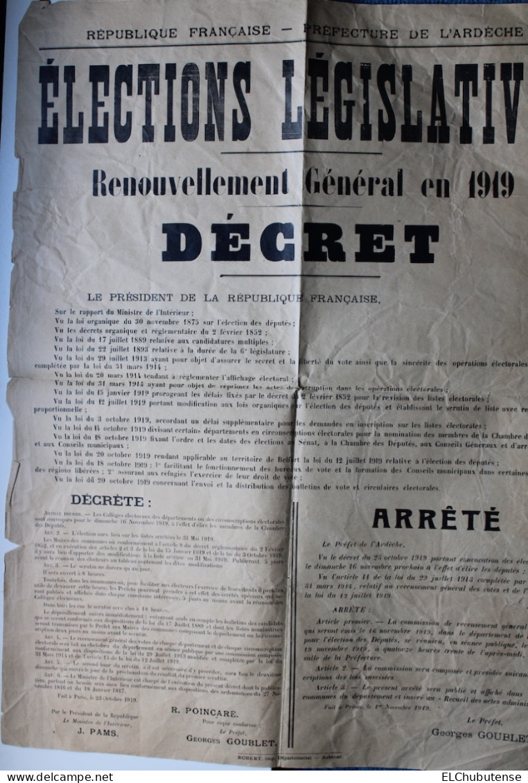 Affiche élections Législatives - Renouvellement Général 1919 - Préfecture Ardèche - Afiches